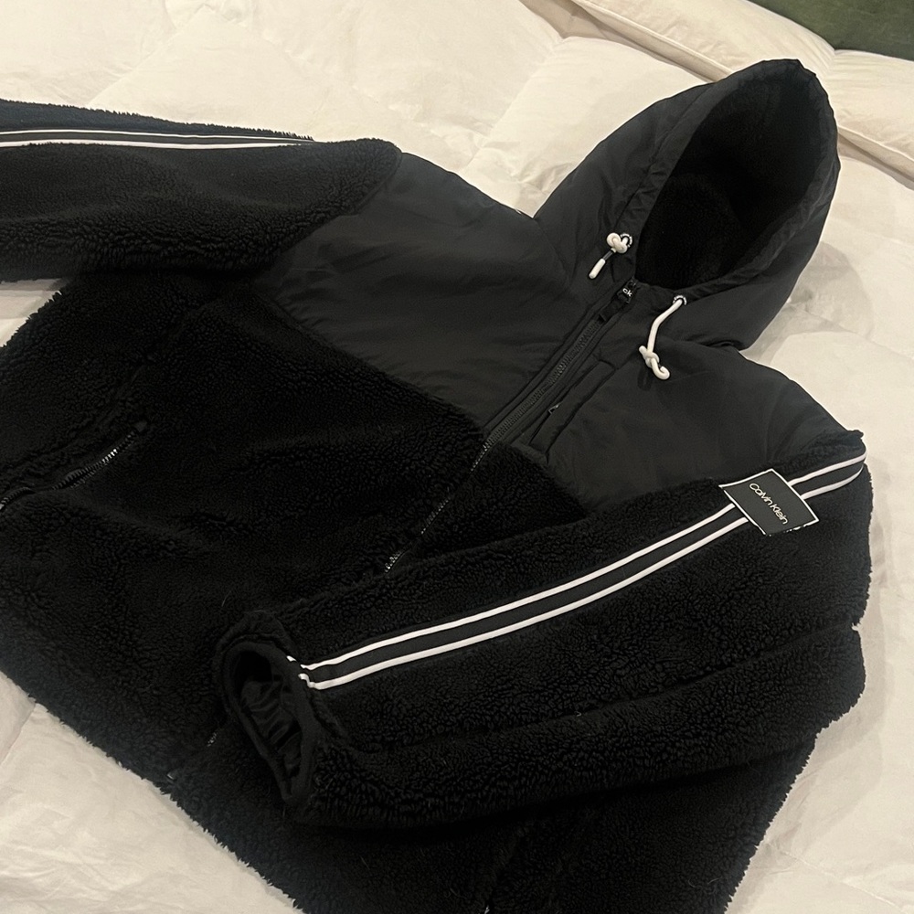 Black Hooded Calvin Klein Jacket with White Stripes